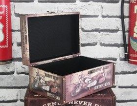 Resim Ahşap Dekoratif Sandık Motosiklet Temalı, Vintage Depolama Kutusu, 30x20x14 cm, Rustik Tasarım 