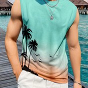 Resim Erkekler için Yazlık Rahat Kolsuz Tank Top, Tropikal Palmiye Ağacı Gradyan Baskılı – Hafif Polyester Karışımı, Yuvarlak Yaka, Plaj & Tatil Giyimi için Rahat Kesim, Tatil Kıyafeti | Gradyan Tasarım | Parlak Kumaş 