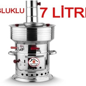 Resim 10 Litre Paslanmaz Metal Odunlu Kömürlü Çay Semaveri Büyük Çift Musluklu Demlik Hediyeli Semaver 10 