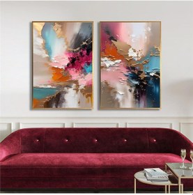 Resim Yağlı Boya Dokulu Tablo Renkli Soyut İkili Set Altın Çerçeveli U08057-179049 