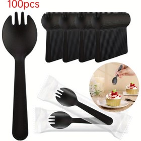 Resim 100 adet Tekrar Kullanılabilir 2'li Çatal ve Kaşık Karışık Seti Siyah Renkli - Sütlaç, Meyveler ve Partiler için Dayanıklı Plastik Çatal ve Kaşık Kombinasyonu - Şeffaf Ambalaj ile Parlak Bitiş, Restoranlar ve Etkinlikler için İdeal, Etkinlik Yemek Gereksinimleri | Şeffaf Ambalaj | Parlak Bitiş 
