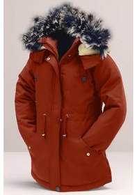 Resim Unisex Kız/erkek Çocuk Kışlık Kanvas Kumaş Büzmeli Diz Üstü Içi Kürk Kapüşonlu Kaban Mont-mnt-0005 Kiremit 