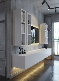 Resim Resital Ledli Duvara Monte Tv Sehpası - Beyaz - W6005-1 Beyaz 