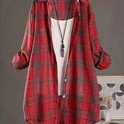 Resim Kadınların Büyük Bedenli Ekose Gömlek, Rahat Uzun Kollu Büyük Boyutlu Üst, Polyester 100%, Yaka Yaka, Esnek Olmayan Kumaş, Dokuma, Daldırılmış Etek, Düzenli Uzunluk, Bahar Hafta Sonu Rahat Giyim 