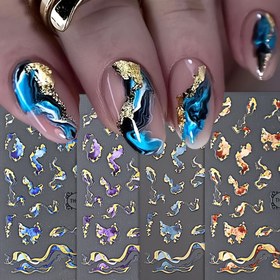 Resim 4 adet Işıltılı 3D Altın Dalga & Mermer Mavi Geometrik Tırnak Sanatı Stickerları - Kolay Uygulanabilir Kendinden Yapışkanlı Etiketler DIY Manikür için, Tek Kullanımlık 