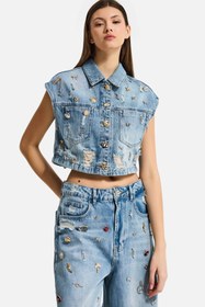Resim Kadın Kot Rengi 12s6-32 Crop Fit Özel Dikim Aksesuar Tasarım Denim Ceket - Kot Renk / L 