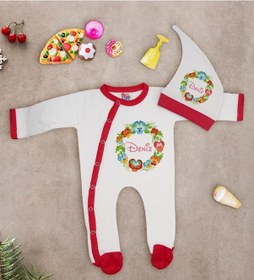 Resim Bk Kids Kişiye Özel Çiçek Tasarımlı Kırmızı Tulum Zıbın Ve Kukuletalı Şapka Seti-2 Çok Renkli 