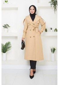 Resim Kruvaze Yaka Bondit Kumaş Trençkot / M0106 - Camel Metalik Camel 
