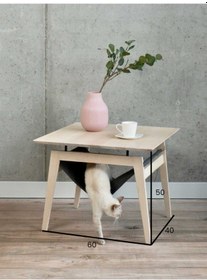 Resim Minimalist Ahşap Yan Sehpa Ve Gizli Kedi Hamağı 