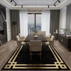 Resim Siyah Zeminli Altın Çerçeveli Dana Derisi Runner Halı - 100x250 cm 