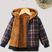 Resim Çıkmaz Kapanışlı Erkek Plaid Fleece Hoodie Ceket, Kışlık Polyester Kaban, Uzun Kollu, Normal Fit, Dokuma Kumaş, Kapüşonlu Yaka, Sonbahar/Kış 