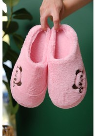 Resim Panda Nakışlı Kadın Ev Terliği Peluş Terlik Çeyiz Ve Bohça Terliği Ses Yapmaz Kalın Taban PEMBE 