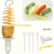 Resim 6'lı Set, Çeşitli Spiral Patates Dilimleyici, Paslanmaz Çelikten Yapılmış, Flint veya Magnezyum Çubuğu Gerektirmeyen Manuel Tornado Sebze Kesici, Barbekü ve Kamp Mutfak Araçları İçin İdeal. 