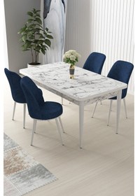 Resim Canisa Nil Serisi 70x110 Sabit Mutfak Masası Takımı Beyaz Mermer Desen Masa 4 Lacivert Sandalye Masa Beyaz Mermer Desen Sandalye Lacivert 
