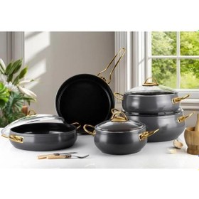 Resim Lines 9 Parça Seramik Güveç Tencere Seti Altın Kulp - 152.4.07.091-antrasit Diğer 