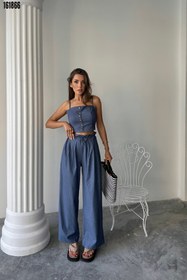 Resim TENCEL CROP ASKILI BLUZ ŞALVAR PANTOLON TK İndigo 
