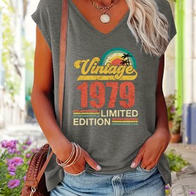 Resim 1979 Vintage Üzüm İçeceği Baskılı Kadınlar için V-Yaka Kırpma Üst Yelek 