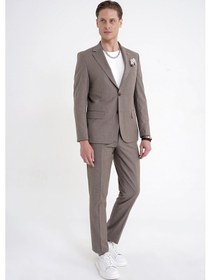 Resim Efor Slim Fit Mono Yaka Esnek Yünlü Bej Çizgili Takım Elbise Tk 942 