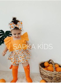 Resim ŞAPKAKİDS Kız Bebek Turuncu Portakal Desen Salopet Bandana Seti 