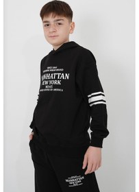 Resim Haykids Erkek Çocuk İki İplik Kumaş Kapüşonlu Baskılı Eşofman Takımı Siyah 