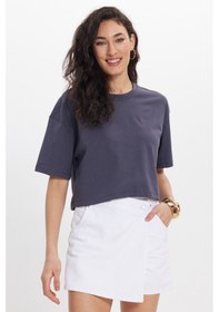 Resim Tudors Kadın Slim Fit Dar Kesim Pamuk Kısa Kollu Bisiklet Yaka Gri Crop Tişört-50469 L 