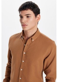 Resim Tudors Erkek Slim Fit Dar Kesim %100 Pamuk Keten Doku Düğmeli Yaka Kahverengi Gömlek-32809 Kahverengi 