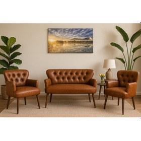 Resim Azra Mobilya Taba Deri Chester Tarz Koltuk Takımı Modern Tasarım, Dayanıklı Ahşap Ayaklı Oturma Grubu 2+1+1 Taba 