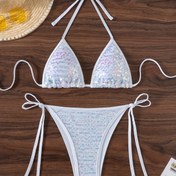 Resim Avrupa ve Amerikan Tarzı Seksi Payetli Tek Renk Bikini Üçgen Yaka Bağcıklı Yan Bağlamalı Mayo 