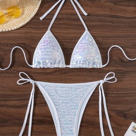 Resim Avrupa ve Amerikan Tarzı Seksi Payetli Tek Renk Bikini Üçgen Yaka Bağcıklı Yan Bağlamalı Mayo 