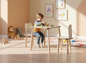 Resim Montessori Çocuk Masası 1 Masa & 2 Beyaz Bunny Sandalye 