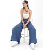 Resim Geniş Kemerli Bol Paça Düz Keten Kadın Pantolon - Mavi-mavi Mavi 