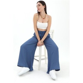 Resim Geniş Kemerli Bol Paça Düz Keten Kadın Pantolon - Mavi-mavi Mavi 