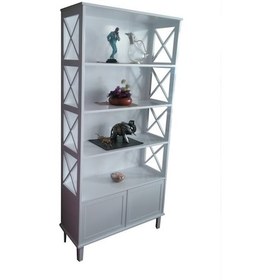 Resim Kitaplık ÇAPRAZ Yan Model Kayın Ve MDF Torna Alt Kapak ve raf Parlak Beyaz Lake boya El Yapım 