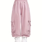Resim Pembe Geniş Bacaklı Pantolon Sevimli Kurdele Detayı ile - Nefes Alabilen Elastik Bel Bandı, Bahar/Yaz için Rahat Spor Pantolonu, Günlük Kıyafet için Çok Yönlü, Dış Mekanlar için Mükemmel 