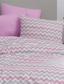 Resim Tek Kişilik Lastikli Nevresim Takımı 160x220 Pembe Zikzak Desenli 