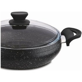 Resim Granit Pro 24 Cm Basık Granit Güveç Tencere Siyah Bakalit Saplı Cam Kapaklı Yapışmaz 
