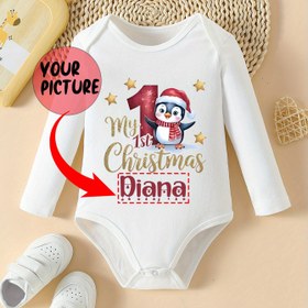 Resim 1 Adet Pamuk Uzun Kollu Body - Özel İsim "İlk Noelim Daisy" Noel Baba & Kar Tanesi Baskılı, Yumuşak Nefes Alabilir Romper, Her Mevsim Günlük Giyim, Düğme Kapama, Dış Mekan İçin Mükemmel 