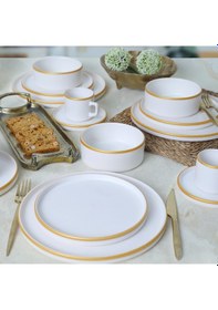 Resim Keramika Mat Beyaz Gold Fileli Stackable Yemek / Kahvaltı Takımı 20 Parça 4 Kişilik 