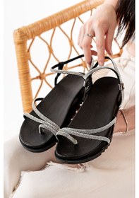 Resim 1001-1101 Siyah Gümüş Taşlı Günlük Kadın Sandalet Bej 