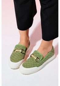 Resim Luvishoes Marakeş Yeşil Kot Tokalı Kadın Loafer Ayakkabı Yeşil 
