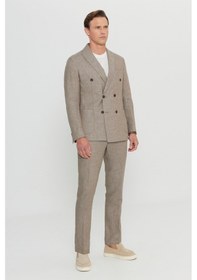 Resim AC&Co / Altınyıldız Classics Erkek Vızon Yünlü Slim Fit Dar Kesim Kırlangıç Yaka Desenli Torba Cepli Kruvaze Takım Elbise Vizon 