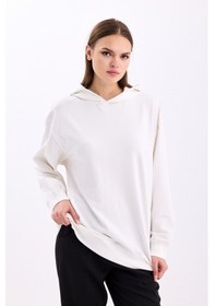 Resim Pastelastore Pamuklu Kapüşonlu 2 İplik Baharlık Oversize Sweatshirt Ekru 