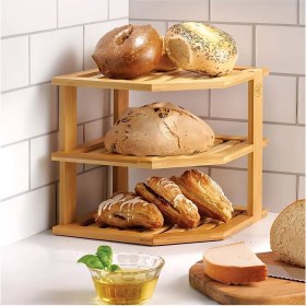 Resim 3 Katlı Bambu Köşe Rafı, Mutfak Organizer ve Depolama, 25X25 cm 