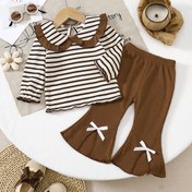 Resim 2 Adet Kız Çocuk Dantel Yaka Vefle Kollu Üst + Düz Renk Fiyonklu Paça Pantolon Takımı, Dış Mekan İçin Mükemmel 