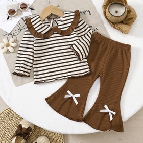 Resim 2 Adet Kız Çocuk Dantel Yaka Vefle Kollu Üst + Düz Renk Fiyonklu Paça Pantolon Takımı, Dış Mekan İçin Mükemmel 