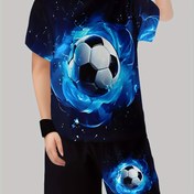 Resim Erkek Çocuklar için 3D Futbol Topu Baskılı Rahat Kıyafet - Kısa Kollu T-Shirt ve Şort Takımı, Canlı Mavi ve Siyah Tasarım, Hafif Polyester Kumaş, Bahar/Yaz Sporları ve Dış Mekan Aktiviteleri için Mükemmel, Dış Mekan İçin 
