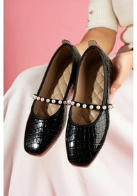 Resim Kroko Desenli İnci Bant Aksesuarlı Babet - Siyah - 40 Siyah 