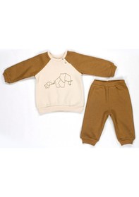 Resim Nakış Fil Detaylı 3 İplik İkili Bebe Takımı Hardal 