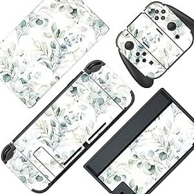 Resim ROIPIN Nintendo Switch ile Uyumlu Siyah Kaplama, Anahtar Konsolu ve Joy-Con Kontrolörü ve Dock Koruma Kiti için Nintendo için Koruyucu Film Çıkartması (Yeşil Yapraklar) 