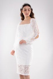 Resim Dans 1442 Kare Yaka Kol Yırtmaçlı Dantel Kısa Nikahlık Elbise 